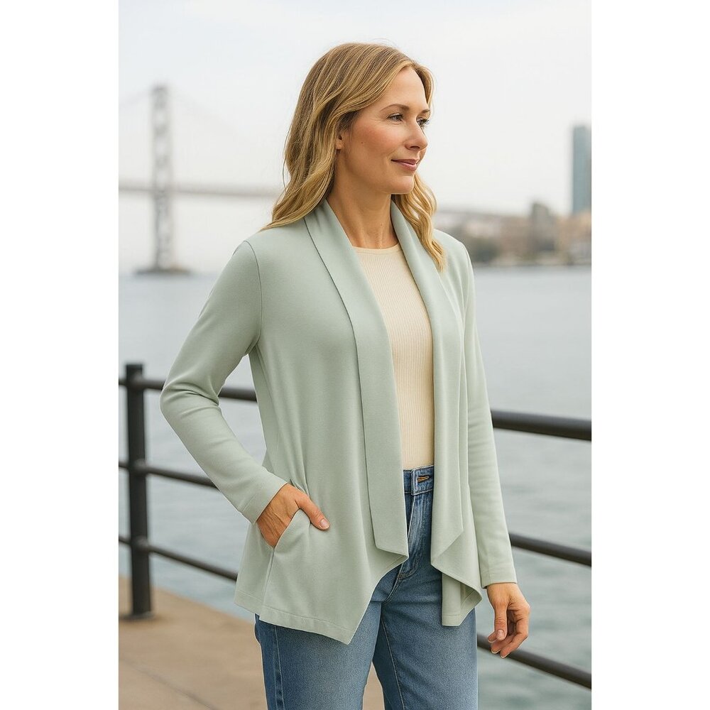Max & Mia Sm Open Front Lightweight Drape Sweater Cardigan Pockets Light Olive